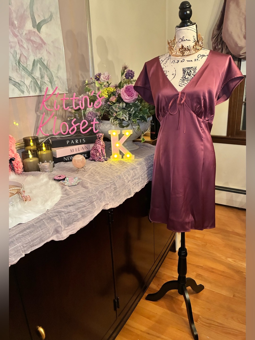 NWT CIDER Curve Berry Satin V-Neck Ruched Tie Mini Dress 4XL